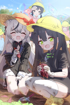 5girls :d ^_^ adapted_costume animal_ear_fluff animal_ears black_dress black_hair black_jacket blue_archive blue_halo blue_sky blunt_bangs blush boots bow china_dress chinese_clothes clenched_hand closed_eyes clothing_cutout commentary_request cross-laced_shoes day diamond_cutout dirty dirty_clothes dirty_face doyagao dress dress_bow extra_ears facing_viewer food full_body gloves green_bow green_eyes grey_hair grey_halo hair_between_eyes halo hand_up happy hat hat_bow highres holding holding_food jacket kindergarten_uniform kisaki_(blue_archive) kisaki_(kindergarten_uniform)_(blue_archive) kneeling kokona_(blue_archive) long_hair looking_at_viewer mikumiku37 multicolored_hair multiple_girls official_alternate_costume official_alternate_hairstyle on_ground open_mouth outdoors pink_shirt red_bow rubber_boots school_hat shirt shoes short_sleeves shun_(blue_archive) shun_(small)_(blue_archive) siblings sidelighting single_bare_shoulder sisters sky sleeveless sleeveless_dress smile smug sneakers squatting straight_hair straw_hat streaked_hair striped_clothes striped_jacket sunlight thighhighs thighs tiger_ears two_side_up v-shaped_eyebrows vertical-striped_clothes vertical-striped_jacket very_long_hair white_gloves white_shoes white_thighhighs yellow_boots yellow_hat