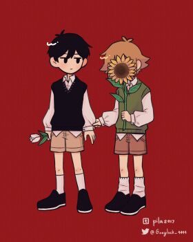 Rule 34 | 2boys, alternate sleeve length, antenna hair, artist name, basil (faraway) (omori), basil (omori), black shoes, black sweater vest, blonde hair, brown shorts, closed mouth, collared shirt, double-parted bangs, flower, goodluck 4444, green sweater vest, hair between eyes, highres, holding, holding flower, long sleeves, looking at another, male focus, multiple boys, omori, red background, shirt, shoes, short hair, shorts, sidelocks, simple background, socks, sunflower, sunny (omori), sweater vest, tulip, tumblr username, twitter username, white flower, white shirt, white socks, white tulip