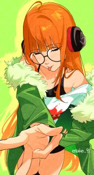 1girl :p absurdres ahoge behind-the-head_headphones black_shorts black_thighhighs blush breasts closed_eyes collarbone esuke9 fur-trimmed_jacket fur_trim glasses green_background green_jacket hand_on_own_hip headphones highres jacket long_hair orange_hair persona persona_5 sakura_futaba short_shorts shorts simple_background solo thighhighs tongue tongue_out v very_long_hair
