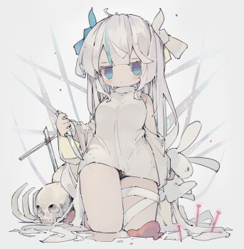1girl absurdres bandaged_leg bandages blue_eyes blue_ribbon blue_streaks bone breasts closed_mouth dress full_body hair_ribbon highres holding holding_knife holding_stuffed_toy kneeling knife long_hair looking_at_viewer medium_breasts nep_(nep_76) original ribbon skull solo stuffed_animal stuffed_toy thighs white_background white_dress white_hair yellow_ribbon