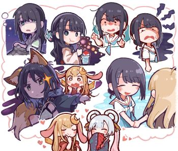 Rule 34 | + +, 3girls, :d, ^ ^, ahoge, anger vein, animal ear fluff, animal ears, annoyed, blonde hair, blue neckerchief, chibi, chibi only, cho kaguya-hime!, closed eyes, closed mouth, commentary request, constricted pupils, eating, food, forehead jewel, fox ears, fox tail, green eyes, hair down, hair ornament, hair rings, hair stick, heart, henyomen, highres, holding hands, hood, hood down, jaggy lines, kaguya (cho kaguya-hime!), long hair, looking at another, looking at viewer, lop rabbit ears, multiple expressions, multiple girls, multiple views, neckerchief, official alternate costume, open mouth, pajamas, rabbit ears, runami yachiyo, sailor collar, sakayori iroha, school uniform, serafuku, shaded face, shaved ice, shirt, short hair, sleepy, smile, sparkle, surprised, tail, twintails, v-shaped eyebrows, white hair, white shirt