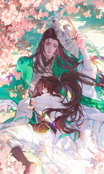 2boys absurdres al_(ahr) bamboo_print bindi bishounen black_boots black_hair blurry blurry_foreground boots chinese_clothes chromatic_aberration closed_eyes closed_mouth curtained_hair dappled_sunlight day eyelashes feet_out_of_frame floating_hair flower folding_fan green_hanfu half_updo hand_fan hanfu highres holding holding_fan lap_pillow long_hair long_sleeves luo_binghe lying male_focus multiple_boys on_grass on_lap on_side outdoors pants pink_flower ponytail renzha_fanpai_zijiu_xitong ribboned_xiao_guan shen_qingqiu sleeping smile sunlight very_long_hair white_hanfu white_pants wide_sleeves wind