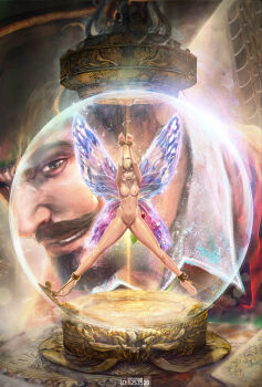 1boy 1girl bdsm blonde_hair bondage bound bound_arms bound_legs breasts captain_hook disney facial_hair fairy fairy_wings hair_up hat highres jar map mini_person minigirl mustache nipples nude paulo_barrios pirate_hat pussy realistic slave smile tinker_bell_(disney) trapped walt_disney&#039;s_peter_pan wings