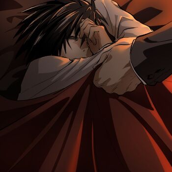 2boys bags_under_eyes bed_sheet black_hair commentary_request death_note highres jacket l_(death_note) multiple_boys on_bed out_of_frame shirt short_hair sleeping suit_jacket under_covers wakana_kuraguchi white_shirt