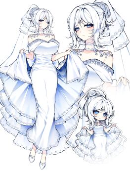 1girl absurdres bare_shoulders blue_hair cherry_oux chibi chibi_inset choker closed_mouth commentary dress english_commentary faust_(project_moon) highres limbus_company looking_at_viewer multiple_views off-shoulder_dress off_shoulder project_moon shoes short_hair simple_background veil wedding_dress white_background white_choker white_dress white_hair white_shoes white_theme white_veil zoom_layer