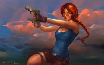 1girl anarchy_ptck artist_name ash_(rainbow_six_siege) bare_shoulders belt braid breasts cleavage cosplay dual_wielding gloves gun handgun highres holding lara_croft lara_croft_(cosplay) linekotsi long_hair looking_at_viewer looking_over_eyewear looking_over_glasses open_mouth outdoors pistol rainbow_six_siege red-tinted_eyewear red-tinted_glasses red_hair shirt shorts sky sleeveless sleeveless_shirt sunglasses tagme tank_top thighs tinted_eyewear weapon