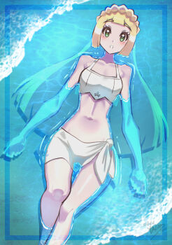 Rule 34 | 1girl, absurdres, afloat, bikini, blonde hair, blush, collarbone, curvy, green eyes, highres, lillie (pokemon), long hair, looking at viewer, looking up, midriff, nintendo, pokemon, pokemon (anime), pokemon sm (anime), shiny skin, solo, swimming, swimsuit, water, white bikini, wide hips, yasu suupatenin