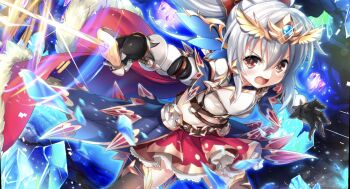1girl angelic_link angry armor belt black_background blush breasts cape detached_sleeves fighting_stance floating_hair gem grey_hair hair_ornament highres holding holding_weapon long_hair medium_breasts orange_eyes ponytail skirt sword tachi-e weapon