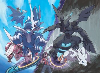Rule 34 | 1boy, 1girl, absurdres, artist request, blue sky, brendan (pokemon), brown hair, cave, claws, cloud, cloudy sky, day, dialga, fabled cave, flying, gen 3 pokemon, gen 4 pokemon, gen 5 pokemon, hair ribbon, hat, highres, latios, legendary pokemon, legs apart, may (pokemon), mega latios, mega pokemon, nintendo, ocean, official art, outdoors, palkia, pokemon, pokemon (creature), pokemon oras, portal (object), red ribbon, reshiram, reshiram (overdrive), ribbon, riding, riding pokemon, sharp teeth, short sleeves, sky, standing, teeth, white hat, zekrom, zekrom (overdrive)