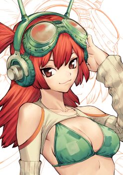 1girl absurdres arm_up bikini bikini_top_only body_freckles boichi_(style) breasts brown_eyes camouflage camouflage_bikini cleavage clothing_cutout commentary english_commentary freckles goggles goggles_on_head green_bikini hair_between_eyes hand_on_headphones headphones highres long_hair looking_at_viewer medium_breasts nifast_(greentail) original parody red_hair shoulder_cutout shoulder_freckles shrug_(clothing) smile solo style_parody swimsuit truck_(nifast_(greentail)) two_side_up upper_body white_background white_sleeves