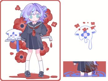 1boy artist_name black_sailor_collar black_serafuku black_shoes black_skirt blood blood_on_clothes blue_hair bow cosplay crossdressing dripping frown ghost green_eyes hair_bun hand_on_own_hip highres holding holding_lead_pipe hoshirube_sho lead_pipe long_hair long_sleeves male_focus multicolored_hair neckerchief nijisanji otomo_(hoshirube_sho) pleated_skirt purple_hair red_bow red_neckerchief sailor_collar school_uniform serafuku shimizu_hinako shimizu_hinako_(cosplay) shoes short_hair shuxingbuming_moxiaobai silent_hill_(series) silent_hill_f simple_background single_side_bun skirt solo streaked_hair virtual_youtuber wading white_background white_shoes