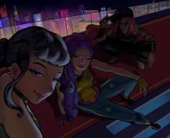 Rule 34 | 3girls, alternate costume, cityscape, earrings, highres, jewelry, kpop demon hunters, looking at viewer, mascaraline, mira (kpop demon hunters), multiple girls, night, non-web source, red carpet, rumi (kpop demon hunters), squatting, zoey (kpop demon hunters)