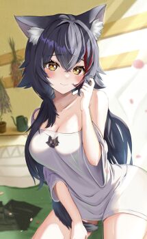 Rule 34 | 1girl, absurdres, animal ear fluff, animal ears, black hair, blush, breasts, cleavage, closed mouth, collarbone, commentary request, crossed bangs, dutch angle, hand up, highres, hololive, indoors, kneeling, large breasts, looking at viewer, low twintails, multicolored hair, no pants, ookami mio, shirt, single bare shoulder, smile, solo, streaked hair, tail, tail around own leg, thighs, torakichi 888, twintails, virtual youtuber, white shirt, wolf ears, wolf girl, wolf tail, yellow eyes