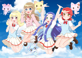 Rule 34 | 4girls, anison, anzai tokiwa, backpack, bag, beads, black socks, blonde hair, blue eyes, blue fur, blue hair, blue vest, bow, bowtie, brown hair, brown shoes, cat, doll, flower, glasses, hairband, highres, hinata yume, imai kotoko, jacket, kirara jump, loafers, long hair, mary janes, mewkledreamy, multiple girls, orange eyes, pink fur, pink jacket, pleated skirt, purple eyes, purple fur, red bow, red hair, shirt, shoes, skirt, smile, socks, tsukishima maira, vest, white shirt, white skirt, white socks, yellow fur