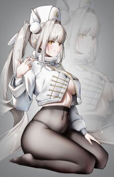 Rule 34 | 1girl, absurdly long hair, absurdres, blanc (fortune express) (nikke), blanc (nikke), breasts, commentary, covered navel, cropped jacket, english commentary, goddess of victory: nikke, grin, hand up, hat, high ponytail, highres, hundred0327, jacket, kneeling, long hair, medium breasts, official alternate costume, pantyhose, ponytail, smile, solo, thighs, very long hair, white hair, white hat, white jacket, yellow eyes, zoom layer