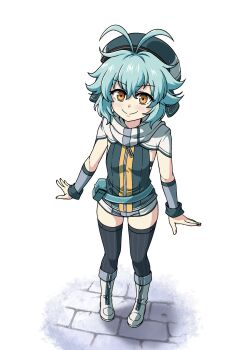1girl antenna_hair blue_hair commentary double-parted_bangs eiyuu_densetsu hat highres legs loli lolidom millium_orion myuknsfw sen_no_kiseki sen_no_kiseki_(series) sen_no_kiseki_iii short_hair short_shorts shorts smalldom smile thighhighs white_background yellow_eyes zipper_footwear