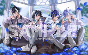 4boys animal_ears antenna_hair aqua_hair arch astel_leda black_collar black_hair black_nails black_shirt black_shoes blonde_hair blue_flower blue_hair blue_petals blurry blurry_background box bush checkered_clothes checkered_shirt collar collarbone contrast_collar copyright_notice crossed_ankles curtained_hair day falling_petals fanny_pack feet_out_of_frame floral_arch flower full_body gazebo gift gift_box green_eyes grey_pants grin hair_between_eyes hair_ornament hairclip half-heart_hands hand_on_own_knee hand_up head_tilt highres hitodama holding holding_gift holostars hood hood_down hoodie indian_style jackal_boy jackal_ears jacket kageyama_shien kanade_izuru knee_up knees_up lightning_bolt lightning_bolt_hair_ornament lightning_bolt_symbol long_sleeves looking_at_viewer male_focus medium_hair minase_rio multicolored_hair multiple_boys nail_polish official_art on_floor one_eye_closed pants petals pink_jacket purple_eyes purple_hair purple_jacket purple_shirt rtms sample_watermark shirt shoes short_hair single_off_shoulder sitting smile sneakers streaked_hair stuffed_animal stuffed_cat stuffed_toy swept_bangs two-tone_hair undershirt virtual_youtuber watermark white_hair white_hoodie white_shirt white_shoes yellow_eyes