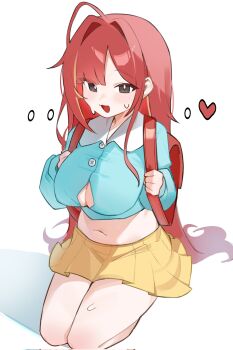 ... 1girl :d ahoge akane_lize artist_request backpack bag blue_shirt blush breasts button_gap cleavage commentary_request corrupted_twitter_file full_body grey_eyes hair_intakes heart highres kindergarten_uniform korean_commentary large_breasts long_hair long_sleeves looking_at_viewer midriff miniskirt multicolored_hair navel open_mouth parted_bangs pleated_skirt randoseru red_bag red_hair second-party_source seiza shadow shirt simple_background sitting skirt smile solo stellive straight_hair streaked_hair sweat undersized_clothes very_long_hair virtual_youtuber white_background yellow_skirt