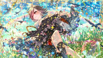 Rule 34 | 1girl, bird, black socks, blue sky, braid, brown hair, closed mouth, cloud, commentary, commission, copyright request, day, earrings, flower, frills, grass, highres, jewelry, kaminou kanomiko, looking to the side, outdoors, pentagon (shape), petals, potato (popopopopo623), rainbow, red eyes, shirt, short hair, shorts, skeb commission, sky, smile, socks, solo, sparkle, star (symbol), white shirt