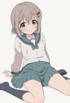 1girl black_socks blush closed_mouth dot_nose female_focus green_eyes green_sailor_collar green_skirt grey_hair hair_between_eyes hair_ornament hairclip legs long_sleeves looking_at_viewer nekofilter no_shoes sailor_collar school_uniform serafuku shiny_skin short_hair simple_background sitting skirt socks solo twitter_username yama_no_susume yukimura_aoi