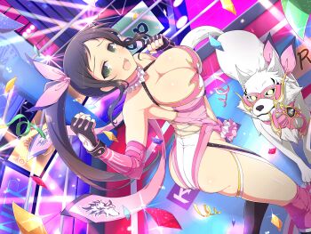 1girl ass blush bow breasts brown_hair choker cleavage confetti elbow_gloves fingerless_gloves gloves green_eyes hair_bow highres large_breasts long_hair looking_at_viewer murakumo_(senran_kagura) official_art open_mouth pink_bow ribbon senran_kagura senran_kagura_new_link senran_kagura_shinovi_versus side_ponytail singlet solo stage_lights television thighhighs white_wolf wolf wrestler wrestling_mask wrestling_outfit wrestling_ring yaegashi_nan