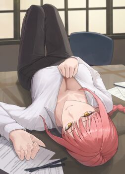 1girl ano_(gccx8784) black_pants braid braided_ponytail breasts chainsaw_man chair cleavage clothes_pull collared_shirt desk dress_pants dress_shirt highres large_breasts lying makima_(chainsaw_man) on_back on_desk pants paper pen pulling_own_clothes red_hair shirt shirt_pull sitting solo white_shirt window yellow_eyes