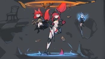 3girls android animal_ears black_dress black_socks blue_hair breasts chair closed_mouth completely_nude cup debris deformed dress fairy fairy_wings falling flying fork fox_ears fox_girl fox_tail full_body highres joints mechanical_arms mechanical_legs medium_breasts medium_hair midair multiple_girls navel no_feet nradiowave nude original parted_lips ponytail portal_(object) red_hair robot_joints simple_background size_difference smug socks tail tall_female teapot teleporter visor_(armor) wings