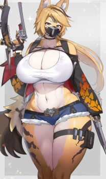 1girl abs absurdres animal_ear_fluff animal_ears bare_shoulders black_choker black_mask blonde_hair blue_shorts body_fur breasts brown_hair cat_ears cat_girl cat_tail choker cleavage criss-cross_halter curvy dual_wielding fur-trimmed_shorts fur_trim furry furry_female gloves green_eyes gun halterneck handgun highres holding holding_gun holding_weapon huge_breasts jacket kyuuri kyuuri24 long_hair looking_at_viewer mask micro_shorts mouth_mask multicolored_fur multicolored_hair navel open_clothes open_jacket pulchra_fellini revolver shorts stomach streaked_hair tail tank_top thick_thighs thigh_strap thighs very_long_hair weapon white_tank_top wide_hips yellow_fur zenless_zone_zero