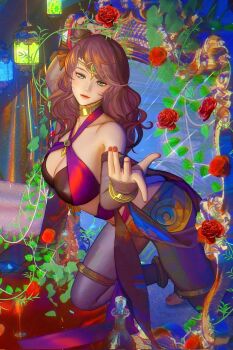 1girl bare_shoulders black_pantyhose bracelet breasts brown_hair circlet cleavage closed_mouth commentary detached_sleeves dorothea_arnault dorothea_arnault_(plegian) english_commentary fire_emblem fire_emblem:_three_houses green_eyes halterneck highres irisli0224 jewelry large_breasts long_hair looking_at_viewer nintendo official_alternate_costume pantyhose solo