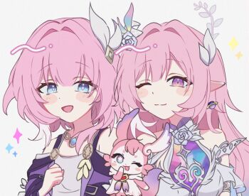 ;) bare_shoulders blue_eyes breasts coat cyrene_(aedes_elysiae)_(honkai:_star_rail) cyrene_(honkai:_star_rail) cyrene_(ripples_of_past_reverie)_(honkai:_star_rail) diamond-shaped_pupils diamond_(shape) dress dual_persona earrings flower hair_flower hair_intakes hair_ornament halo hashtag-only_commentary highres honkai:_star_rail honkai_(series) ine6ri_c5 jewelry long_hair medium_breasts mem_(honkai:_star_rail) multicolored_hair one_eye_closed pink_hair pointy_ears purple_coat purple_eyes short_hair small_breasts smile star-shaped_pupils star_(symbol) symbol-shaped_pupils two-tone_hair upper_body very_long_hair white_dress white_hair