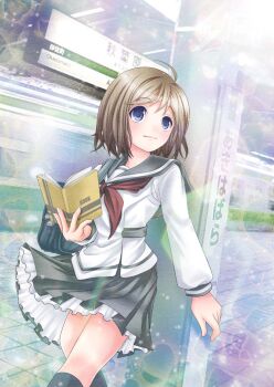 1girl ahoge bag black_bag black_sailor_collar black_skirt black_socks blue_eyes book brown_hair closed_mouth commentary_request feet_out_of_frame holding holding_book kneehighs long_sleeves looking_to_the_side miniskirt neckerchief ootake_tomoko open_book original outdoors pleated_skirt red_neckerchief sailor_collar school_uniform serafuku shirt short_hair shoulder_bag sign skirt smile socks solo standing train train_station train_station_platform white_shirt