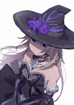 1girl bare_shoulders black_dress black_hat closed_eyes daitiki_0000 dress flat_chest grey_hair hair_between_eyes hair_ornament hat herta_(honkai:_star_rail) highres honkai:_star_rail honkai_(series) jewelry key key_necklace long_hair looking_at_viewer necklace purple_eyes the_herta_(honkai:_star_rail)