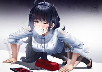 absurdres ahoge black_hair black_pants breasts brown_eyes commentary_request dripping earrings exercising exhausted highres jewelry kashimoto_riko long_hair long_sleeves manjo_(warito) motion_blur one_eye_closed pants push-ups shirt shoes struggling sweat sweaty_clothes trembling umamusume white_shirt