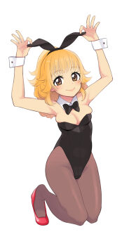 1girl animal_ear_hairband animal_ears black_bow black_bowtie blonde_hair bow bowtie breasts brown_eyes brown_pantyhose cleavage commentary_request commission detached_collar fake_animal_ears full_body hairband higashiyama_seika highleg highleg_leotard highres kneeling leotard medium_breasts pantyhose playboy_bunny precure rabbit_ear_hairband rabbit_ears red_shoes shoes skeb_commission smile solo strapless strapless_leotard suite_precure traditional_bowtie ukokkei undersized_breast_cup white_wrist_cuffs wrist_cuffs