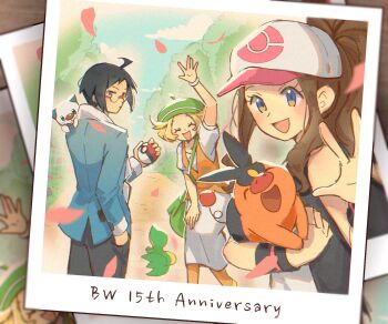 1boy 2girls :d ahoge anniversary arm_up bianca_(pokemon) black_hair brown_hair cheren_(pokemon) closed_mouth cloud commentary day dress english_commentary falling_petals gen_5_pokemon glasses green_hat hand_in_pocket hat highres hilda_(pokemon) holding holding_poke_ball holding_pokemon jacket long_hair miiyokoe multiple_girls nintendo on_shoulder open_mouth orange_pantyhose orange_vest oshawott outdoors pants pantyhose petals poke_ball poke_ball_(basic) pokemon pokemon_(creature) pokemon_bw pokemon_on_shoulder polaroid_photo sidelocks sky smile snivy starter_pokemon_trio tepig vest white_dress white_hat wristband