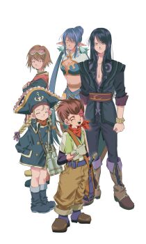 2boys 3girls ^_^ absurdres belt black_boots black_hair blonde_hair boots bracelet breasts brown_boots brown_hair brown_pants child cleavage closed_eyes closed_mouth commentary_request goggles goggles_on_head hat highres jewelry judith_(tales) karol_capel large_breasts multiple_boys multiple_girls navel pants patty_fleur pirate_hat purple_hair rita_mordio simple_background smile sobokuhito standing tales_of_(series) tales_of_vesperia white_background yuri_lowell