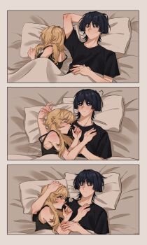 1boy 1girl absurdres alternate_costume arm_behind_head arm_up black_camisole black_eyes black_hair black_shirt blonde_hair blunt_ends blush breasts camisole clenched_hand closed_eyes closed_mouth collarbone contemporary couple curled_fingers dintoge fingernails genshin_impact hand_on_another's_arm hand_on_another's_head hand_on_own_stomach head_grab head_on_pillow hetero highres looking_at_another lumine_(genshin_impact) lying multiple_views on_back on_side open_hand parted_lips pillow scaramouche_(genshin_impact) sequential shirt short_hair short_hair_with_long_locks shoulder_blush side-by-side sideboob sidelocks sleeping strap_slip surprised sweatdrop t-shirt under_covers white_mouth yellow_eyes