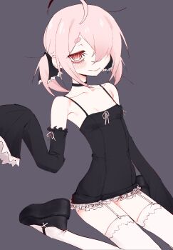 Rule 34 | 1girl, ahoge, bare shoulders, black camisole, breasts, camisole, detached sleeves, eds, eyelashes, garter straps, grey background, hair over one eye, highres, looking at viewer, low twintails, mary janes, original, pink hair, platform shoes, red eyes, shoes, short hair, simple background, sitting, sleeves past fingers, sleeves past wrists, small breasts, smile, solo, thighhighs, twintails