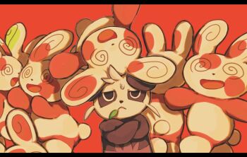@_@ black_fur colored_skin commentary crossed_arms gen_3_pokemon gen_6_pokemon leaf letterboxed multicolored_skin nintendo no_humans open_mouth pancham pokemon pokemon_(creature) red_background red_skin simple_background spinda sweat symbol-only_commentary torisan_7_7 two-tone_skin unamused white_fur white_skin
