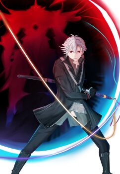 Rule 34 | 1boy, 1other, absurdres, boots, coat, commentary, commission, eiyuu densetsu, english commentary, hair between eyes, highres, holding, holding sheath, holding sword, holding weapon, katana, looking at viewer, mecha, parted bangs, pommel tassel, rean schwarzer, red eyes, robot, sen no kiseki, sen no kiseki (series), sen no kiseki iv, sheath, short hair, sword, unsheathing, valimar, vnartch, weapon, white hair, wing collar