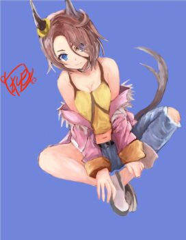 1girl animal_ears blue_eyes blue_pants brown_hair closed_mouth hair_between_eyes horse_ears horse_girl jacket long_hair looking_at_viewer narita_taishin_(nevertheless)_(umamusume) narita_taishin_(umamusume) official_alternate_costume pants pink_jacket ponytail shirt shoes solo torn_clothes torn_pants umamusume very_long_hair white_shoes yanagi_wakana yellow_shirt