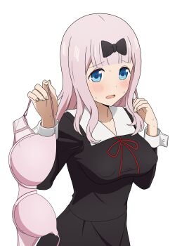 1girl absurdres black_bow black_dress blue_eyes blunt_bangs bow bra breasts collarbone coro_fae covered_erect_nipples dot_nose dress fingernails fujiwara_chika hair_bow hair_over_shoulder highres holding holding_bra holding_underwear holding_unworn_clothes kaguya-sama_wa_kokurasetai_~tensai-tachi_no_renai_zunousen~ large_breasts long_hair neck_ribbon no_bra open_mouth pink_bra pink_hair presenting_bra raised_inner_eyebrows red_ribbon ribbon school_uniform shuuchiin_academy_school_uniform simple_background solo sweat underwear white_background