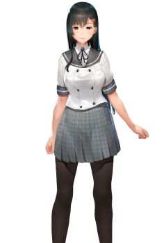 Rule 34 | 1girl, :>, arms at sides, black hair, blush, breasts, closed mouth, feet out of frame, female focus, game cg, highres, kinbaku seido kaichou: kare ni shirareta watashi no himitsu, large breasts, legs, light blush, long hair, looking at viewer, orange eyes, original, osomatsu (nanameno), pantyhose, school uniform, skirt, smile, solo, standing, tachi-e, tani shizuku, thighs, transparent background