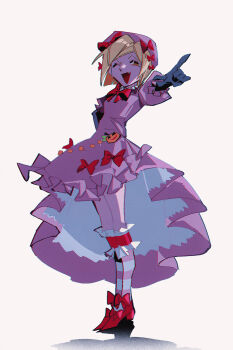 Rule 34 | 1girl, beret, black gloves, blonde hair, bow, breasts, cckm, commentary, dress, dress bow, elbow gloves, empty eyes, fang, footwear bow, frilled dress, frilled sleeves, frilled socks, frills, full body, gem, gloves, hair bow, hand on own hip, hat, hat bow, high-low dress, highres, index finger raised, jack-o'-lantern, jewelry, kneehighs, lambdadelta, looking at viewer, mary janes, multiple hair bows, necklace, one eye closed, open mouth, orange eyes, pearl (gemstone), pearl necklace, pink dress, pink hat, pink socks, puffy short sleeves, puffy sleeves, red bow, red shoes, shoes, short hair, short sleeves, simple background, skin fang, small breasts, socks, solo, standing, striped clothes, striped socks, umineko no naku koro ni, white background, white socks