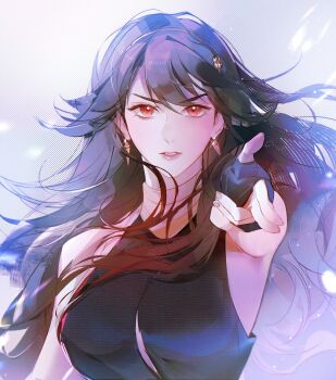 1girl armpits black_hair breasts dress earrings fingerless_gloves gloves gold_earrings gold_hairband hairband highres ideksams jewelry large_breasts long_hair open_mouth photo-referenced pointing pointing_at_viewer red_eyes sidelocks sleeveless sleeveless_dress spy_x_family yor_briar
