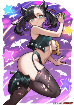 1girl aqua_eyes asymmetrical_bangs black_boots black_hair black_jacket black_thighhighs boots breasts closed_mouth commentary gen_1_pokemon hair_ribbon halloween highres holding holding_poke_ball jacket looking_at_viewer marnie_(pokemon) medium_breasts multicolored_jacket navel nintendo patreon_username poke_ball pokemon pokemon_swsh red_ribbon redjet ribbon solo standing standing_on_one_leg star_(symbol) thighhighs torn_clothes torn_thighhighs twintails two-tone_jacket undercut yellow_jacket zubat