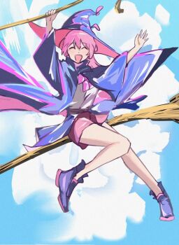 1girl bang_dream! bang_dream!_it's_mygo!!!!! blue_cloak blue_hat blue_shoes broom broom_riding chihaya_anon chinese_commentary cloak closed_eyes commentary_request fang hat logo mrwule open_mouth pink_hair pink_shorts shoes shorts solo witch_hat
