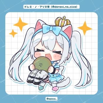 1girl :d animal_ears black_shoes blue_border blue_dress blue_hair blue_hairband blush_stickers border bow_hairband cat_ears cat_girl cat_tail character_name chibi chibi_only closed_eyes closed_mouth commentary_request crown doremi_no_alice double-parted_bangs dress drop_shadow eating egissi food fruit full_body grey_hair grey_thighhighs grid_background hairband highres holding holding_food holding_fruit indie_virtual_youtuber kiwi_(fruit) long_hair multicolored_hair open_mouth outline sample_watermark shoes short_sleeves smile solo sparkle streaked_hair tail thighhighs twintails twitter_username two-tone_hair virtual_youtuber watermark watermark_grid white_background white_outline