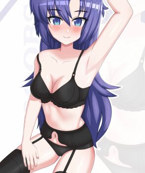 Rule 34 | 1girl, absurdres, armpit peek, blue archive, blush, bra, breasts, cleavage, closed mouth, garter belt, garter straps, highres, long hair, long tail, looking at viewer, purple hair, self-upload, shinymochi8, simple background, sitting, smile, solo, sweat, tail, underwear, very long hair, yuuka (blue archive)