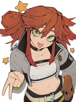 1girl absurdres alohapz artist_name breasts cleavage commentary gachiakuta green_eyes hair_between_eyes highres looking_at_viewer midriff navel open_mouth red_hair riyo_reaper smile solo star_(symbol)